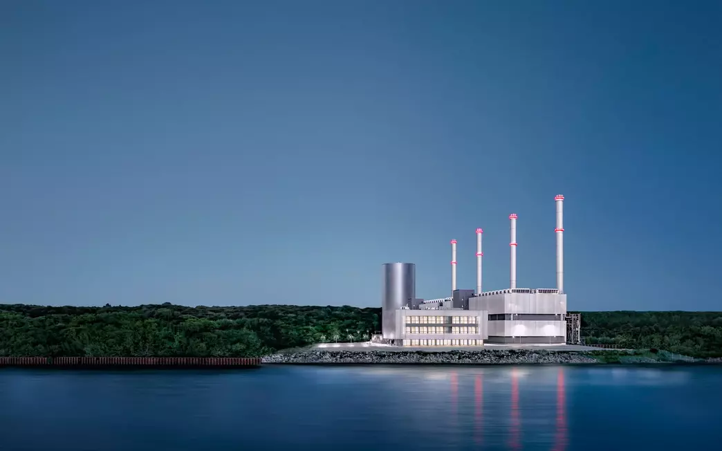 Stilisiertes Kraftwerk mit 4 Schornsteinen auf tiefblauem Hintergrund