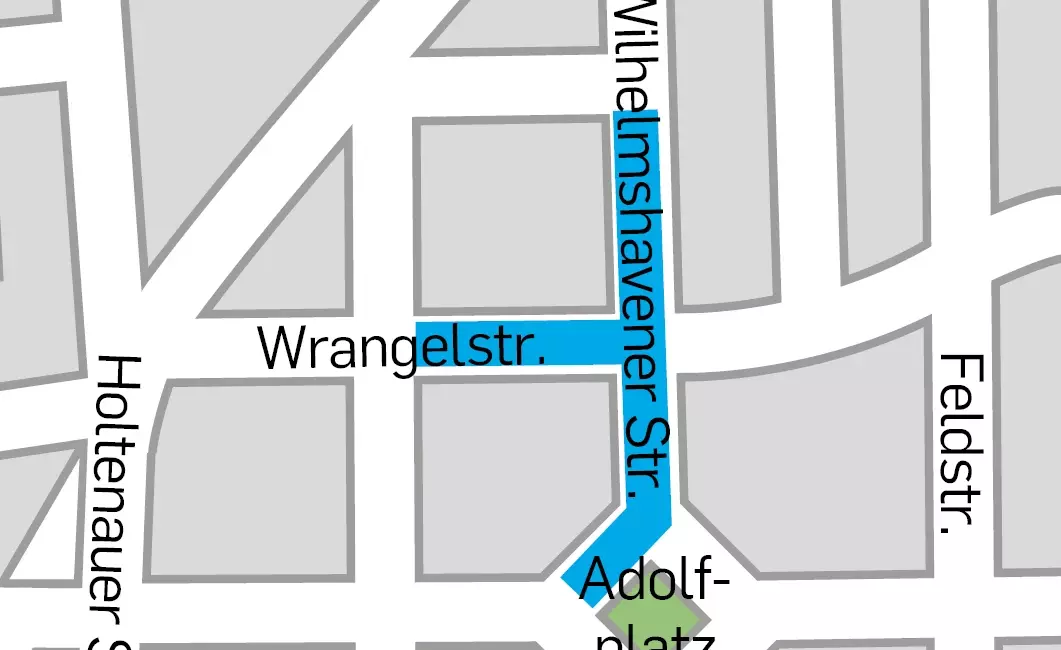 Die Modernisierungsmaßnahmen finden vom 1. August bis voraussichtlich Mitte November abschnittsweise in der Wrangelstraße, zwischen Gerhardstraße und Wilhelmshavener Straße, sowie in der Wilhelmshavener Straße, vom Adolfplatz bis Gefionstraße, statt.